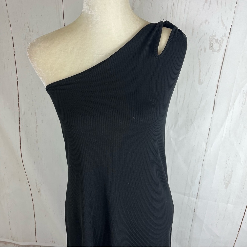 The Drop One shoulder ribbed black midi dress small NWT cutouts slit - Picture 8 of 12